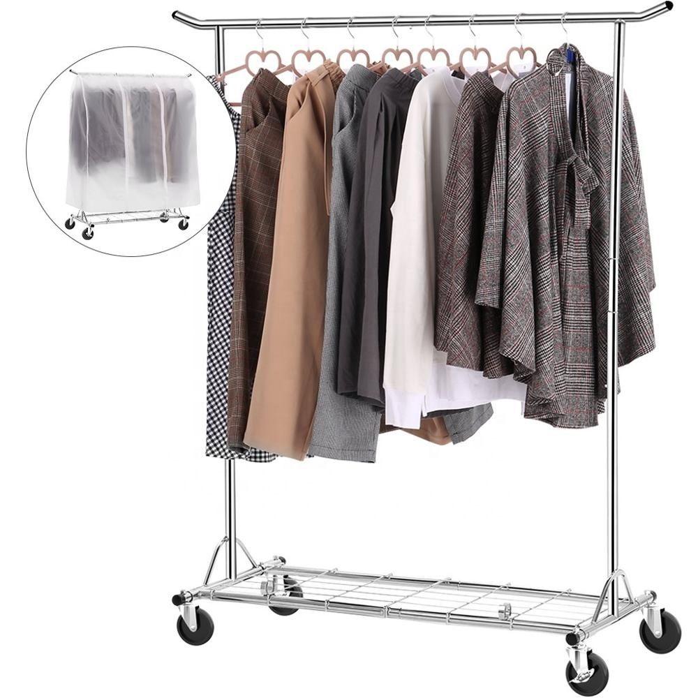 Heavy Duty Rolling Clothes Rail on Wheels with Transparent Cover Height Adjustable clothes shop racking display racks stand