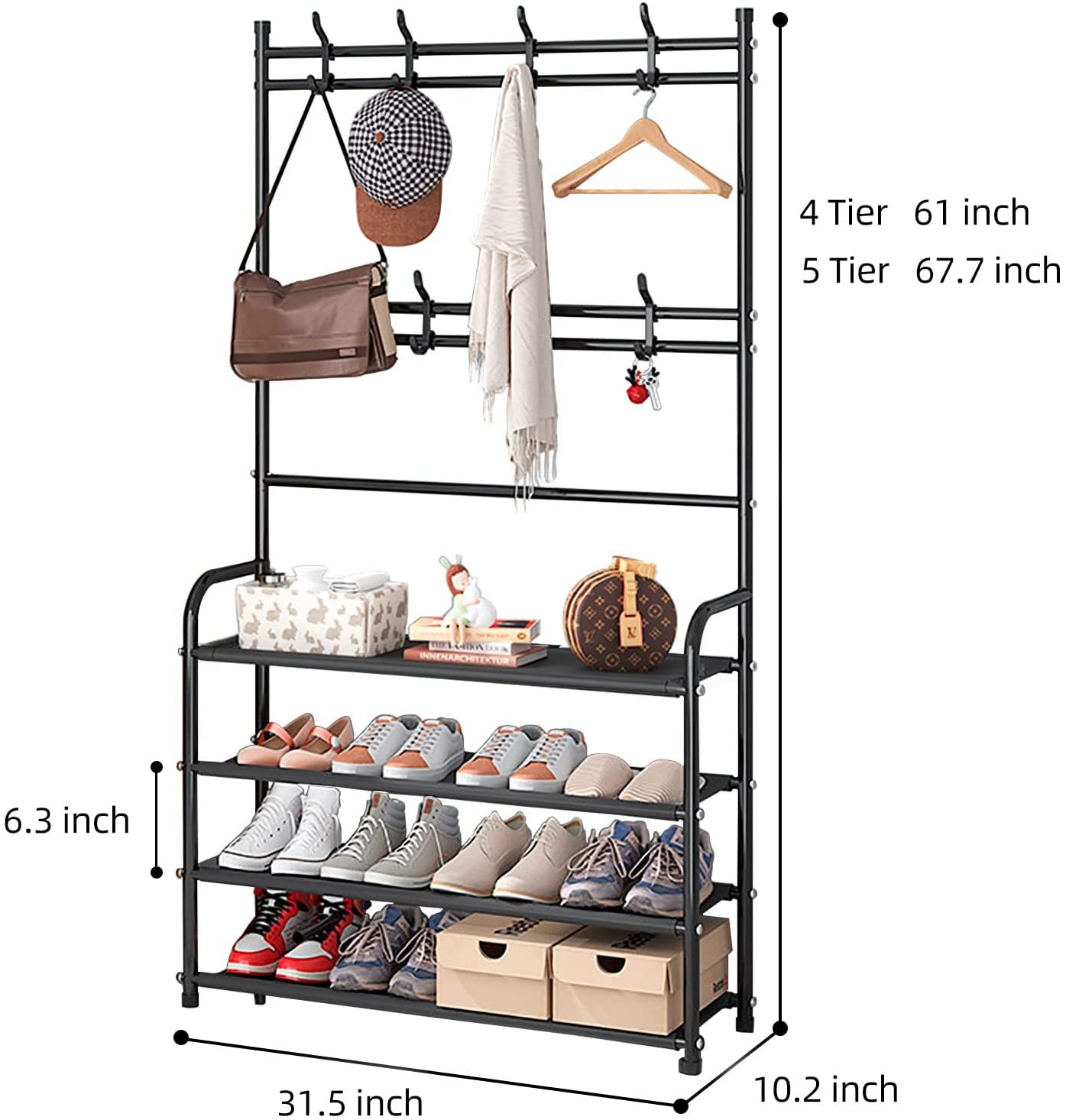 Closet Entryway 4 Tier Black Metal Shoe Rack Stand Organizer With Hat Clothes Coat Bag Hanger Hook