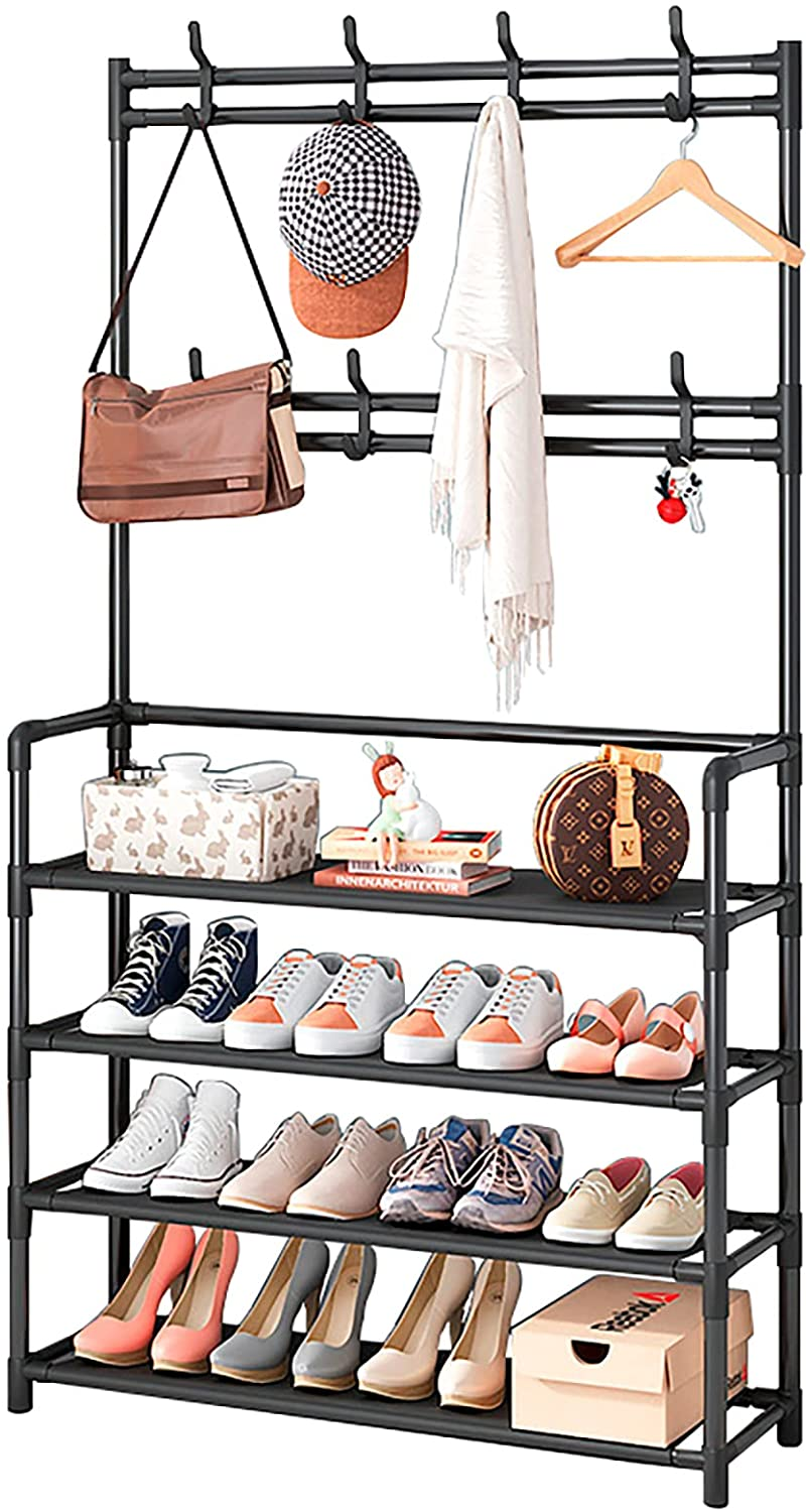 Closet Entryway 4 Tier Black Metal Shoe Rack Stand Organizer With Hat Clothes Coat Bag Hanger Hook