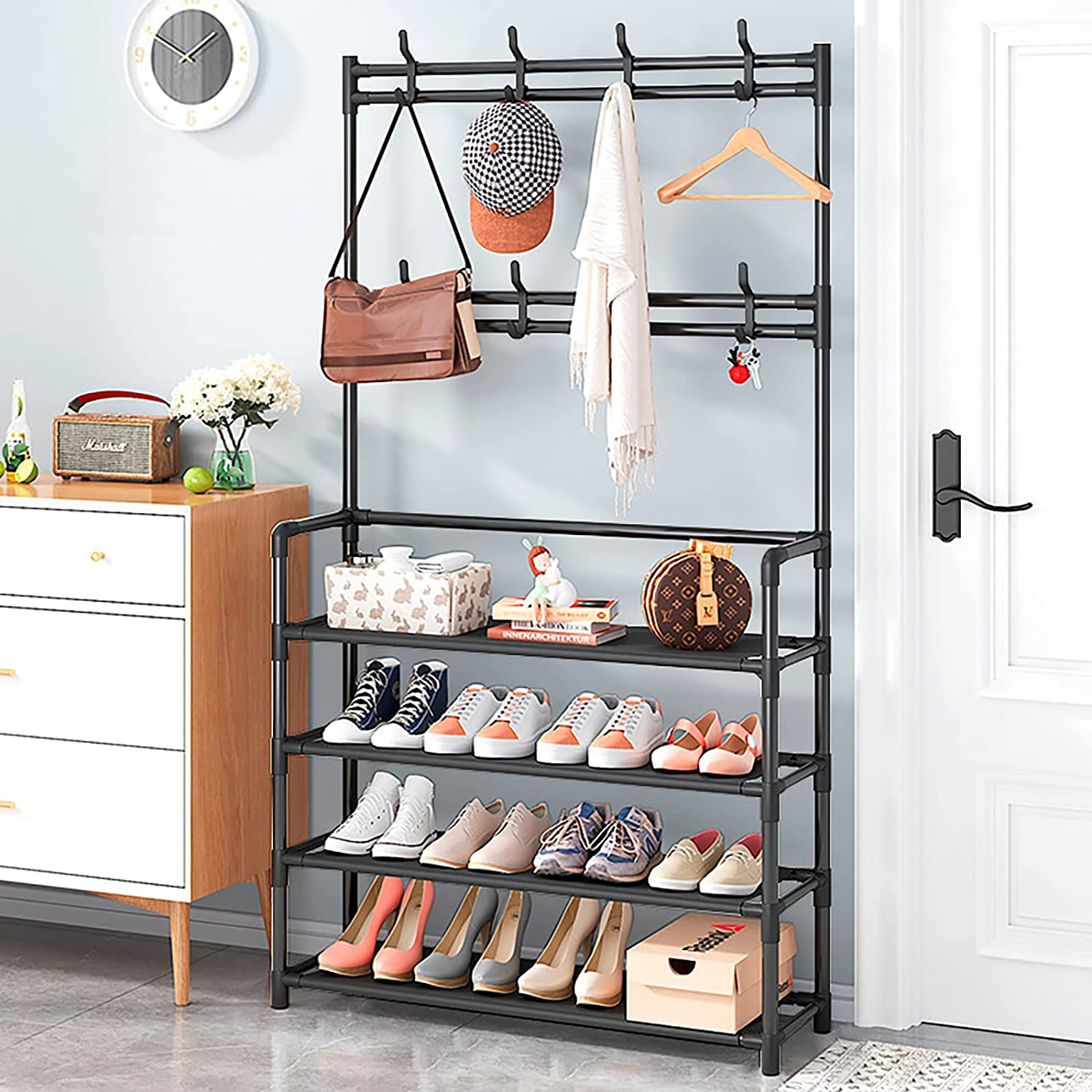 Closet Entryway 4 Tier Black Metal Shoe Rack Stand Organizer With Hat Clothes Coat Bag Hanger Hook