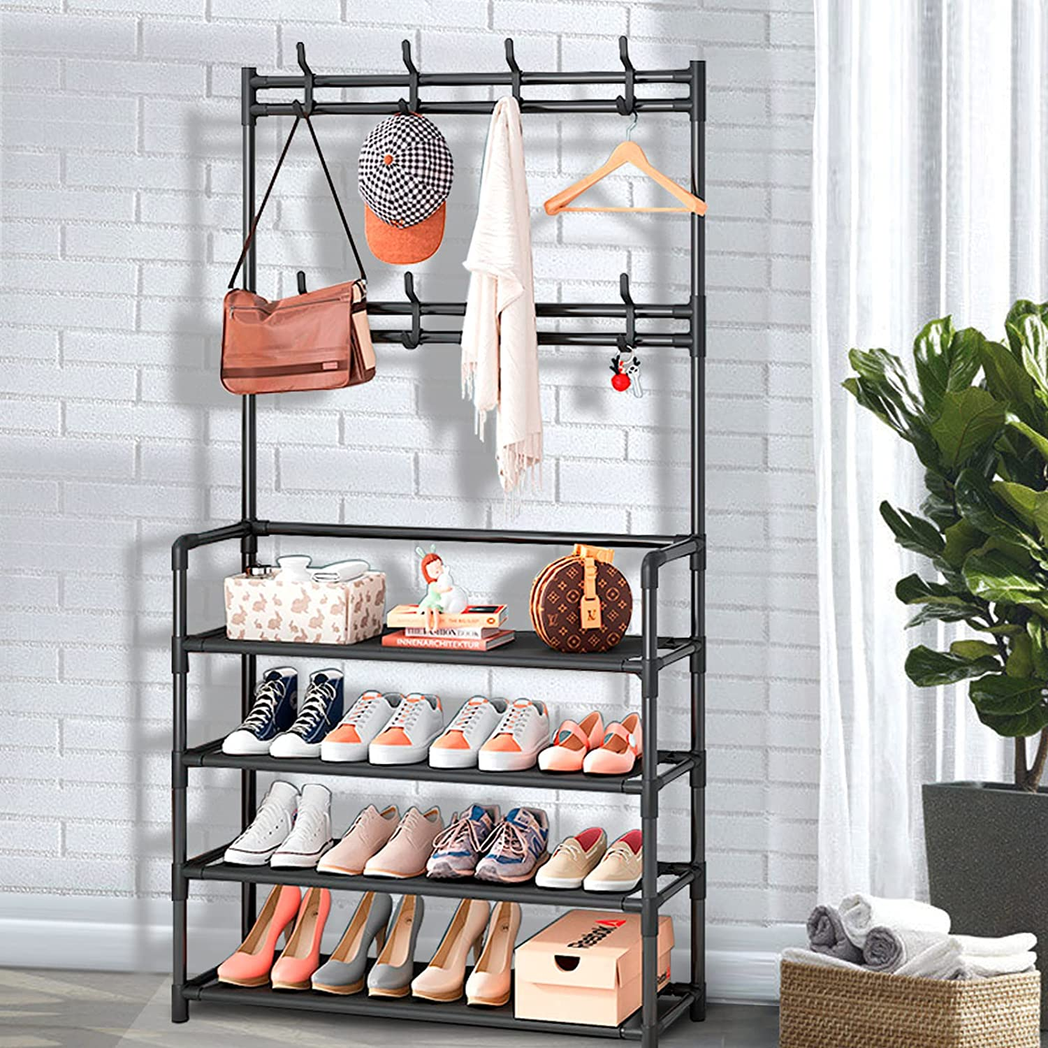 Closet Entryway 4 Tier Black Metal Shoe Rack Stand Organizer With Hat Clothes Coat Bag Hanger Hook