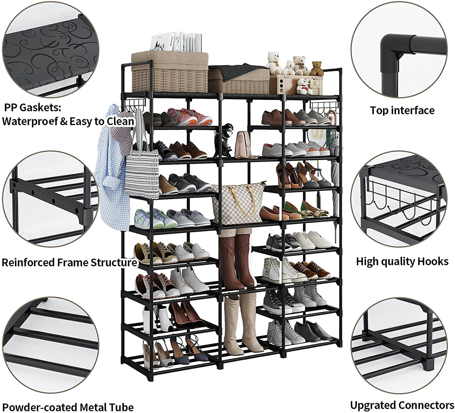 Storage Shelf Display Adjustable Modern Design Bamboo Shoe Organizer 9 Tier Stackable Wooden Shoe Rack