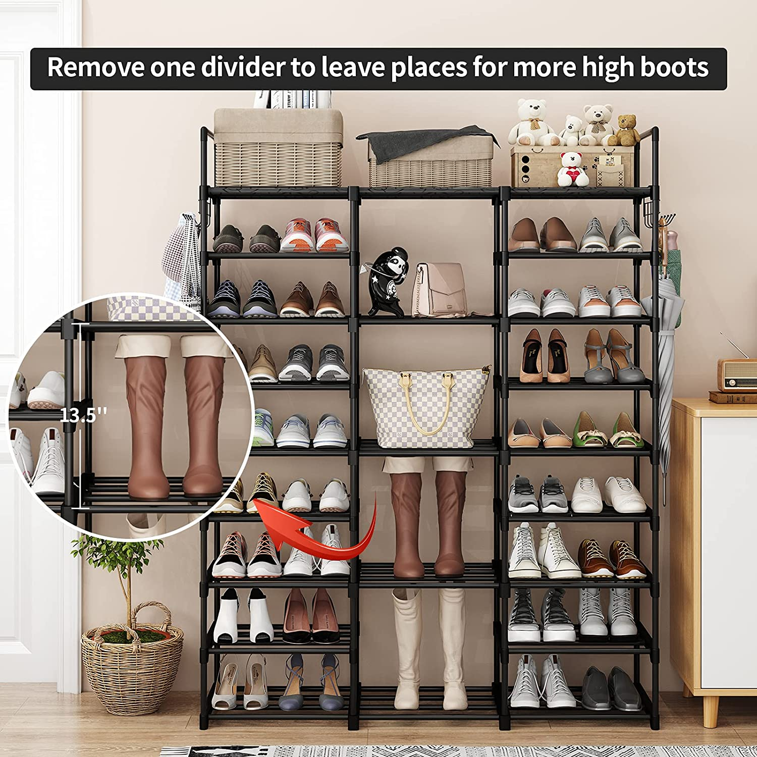 Storage Shelf Display Adjustable Modern Design Bamboo Shoe Organizer 9 Tier Stackable Wooden Shoe Rack