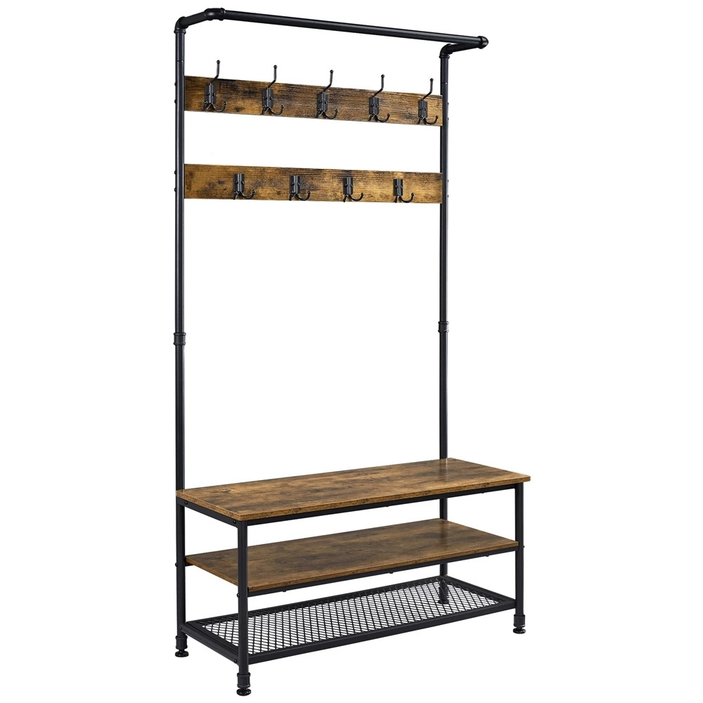 Industrial Entryway Hall Tree With Storage Shelves And Coat Hooks, Rustic Brown