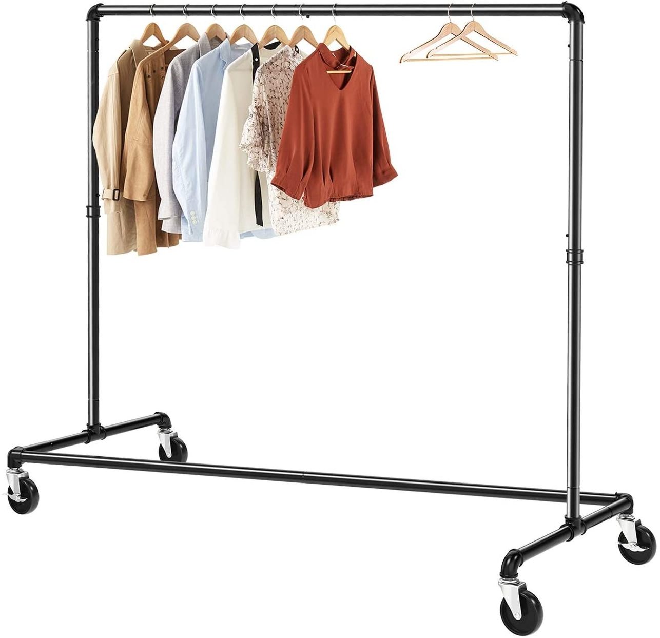 Industrial Tube Garment Cloth Rack with Brake Wheels, Commercial Grade Heavy Duty Rugged Metal Rolling Garment Rack