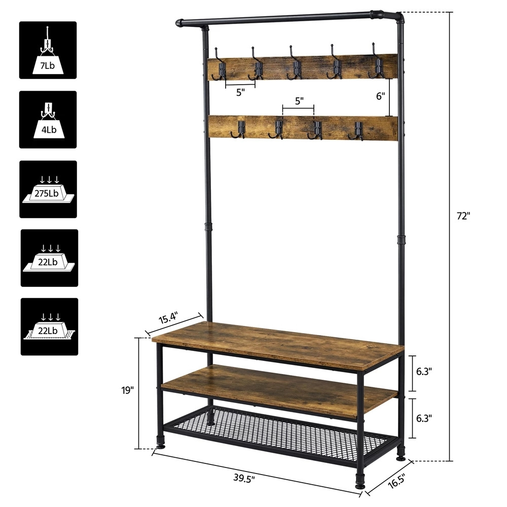 Industrial Entryway Hall Tree With Storage Shelves And Coat Hooks, Rustic Brown