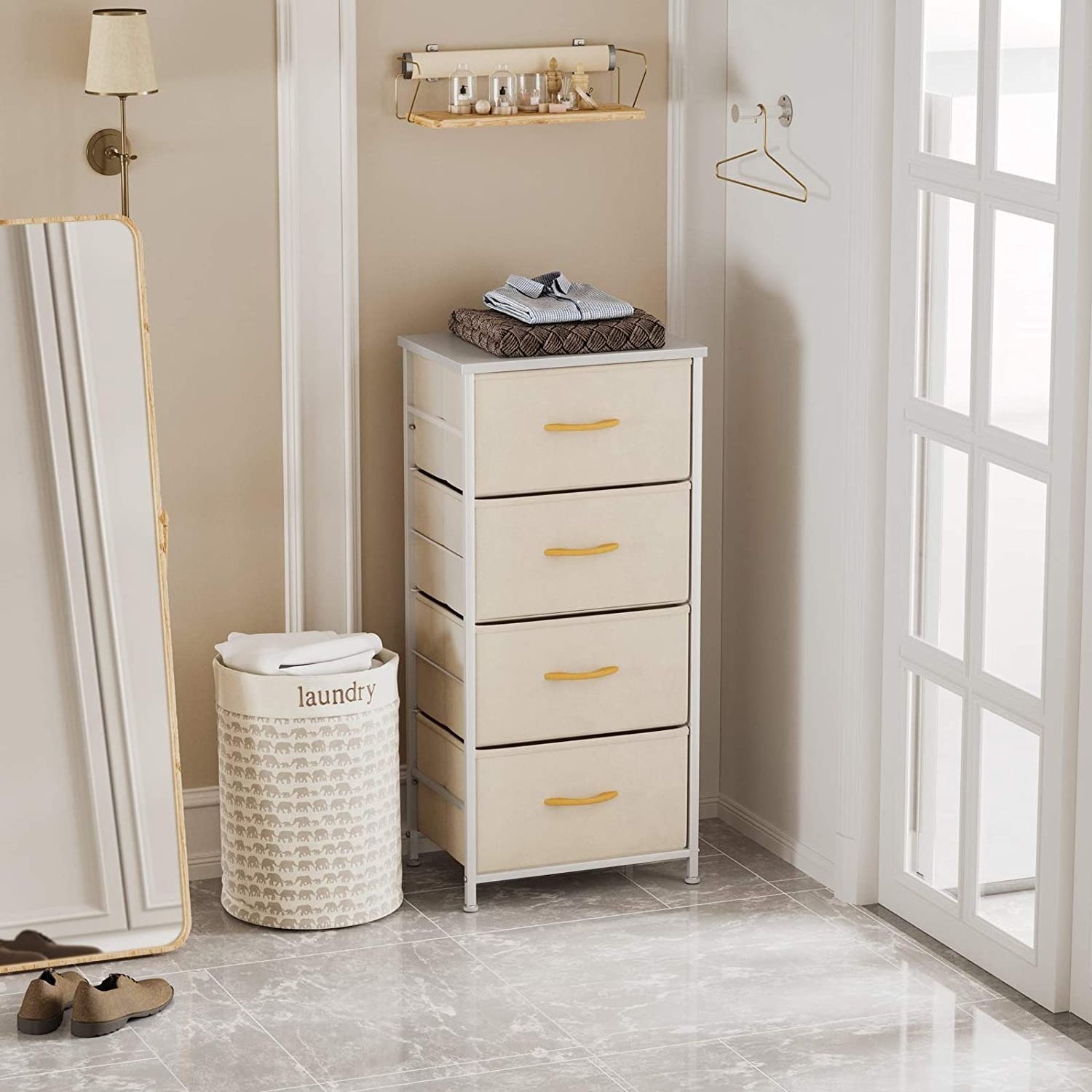 Dresser Storage Tower, 4 Drawer Fabric Organizer for Bedroom Corridor Entry Closet, with Sturdy Steel Frame Wood Top