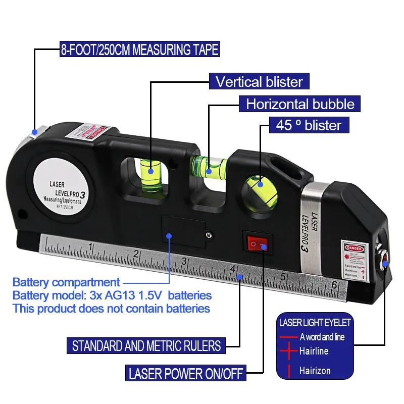 1Pcs Multipurpose Level Laser Horizon Vertical Measure Tape Aligner Bubbles Ruler Aligner Standard and Metric Rulers Cross Line