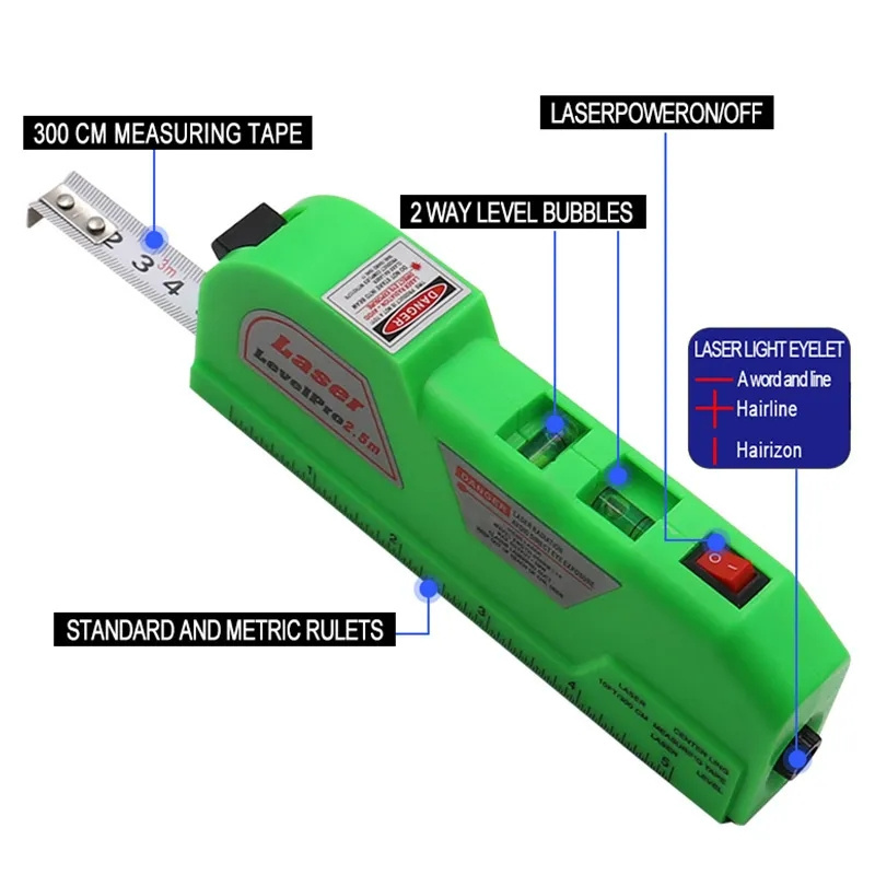 1Pcs Multipurpose Level Laser Horizon Vertical Measure Tape Aligner Bubbles Ruler Aligner Standard and Metric Rulers Cross Line