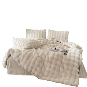 Factory supply solid color soft bedding 4 pieces set  rabbit faux fur duvet