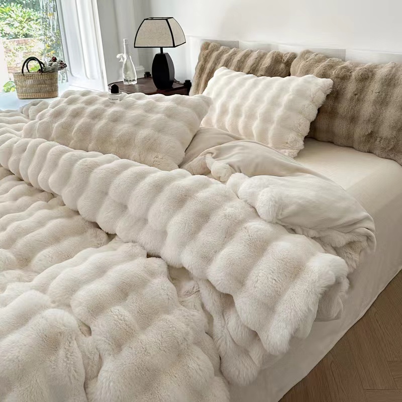 Factory supply solid color soft bedding 4 pieces set  rabbit faux fur duvet