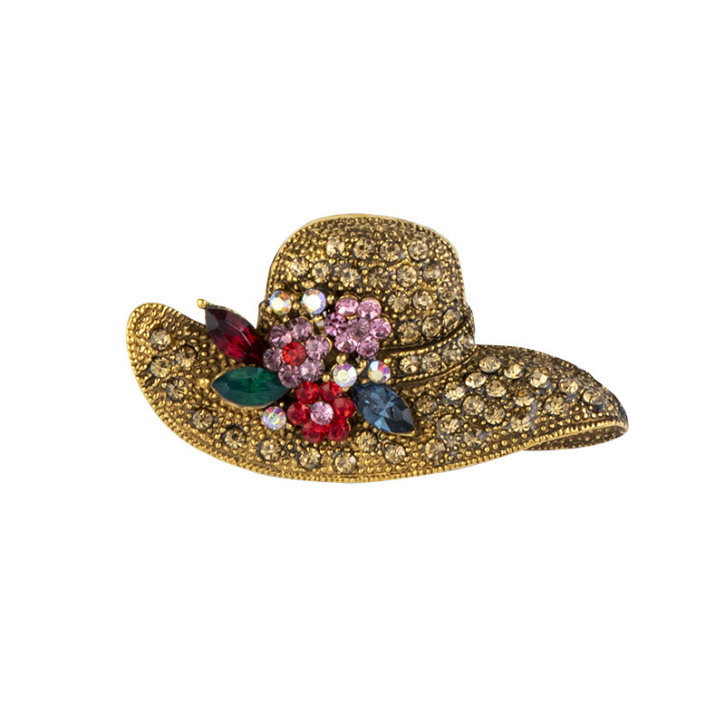 hot sale beauty hat shape vintage brooches innovative safety lapel pins with coloful rhinestone