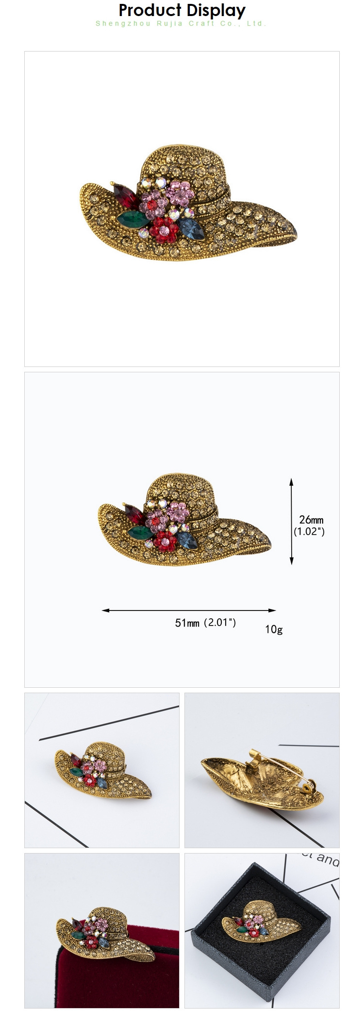 hot sale beauty hat shape vintage brooches innovative safety lapel pins with coloful rhinestone