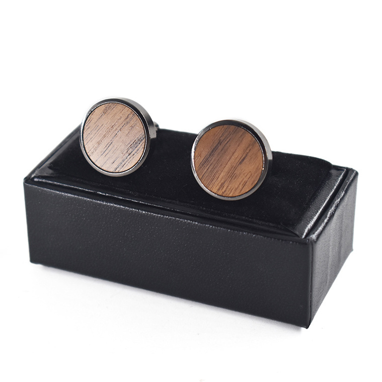 round Black Walnut Wood Fashion Cufflinks with Gift Box Elegant Tie Clips