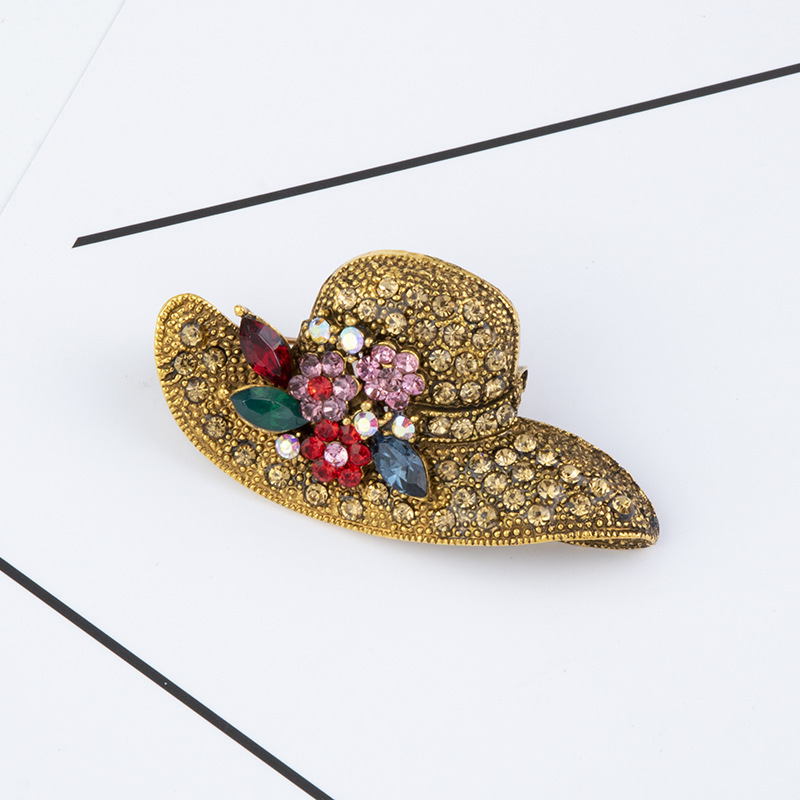 hot sale beauty hat shape vintage brooches innovative safety lapel pins with coloful rhinestone