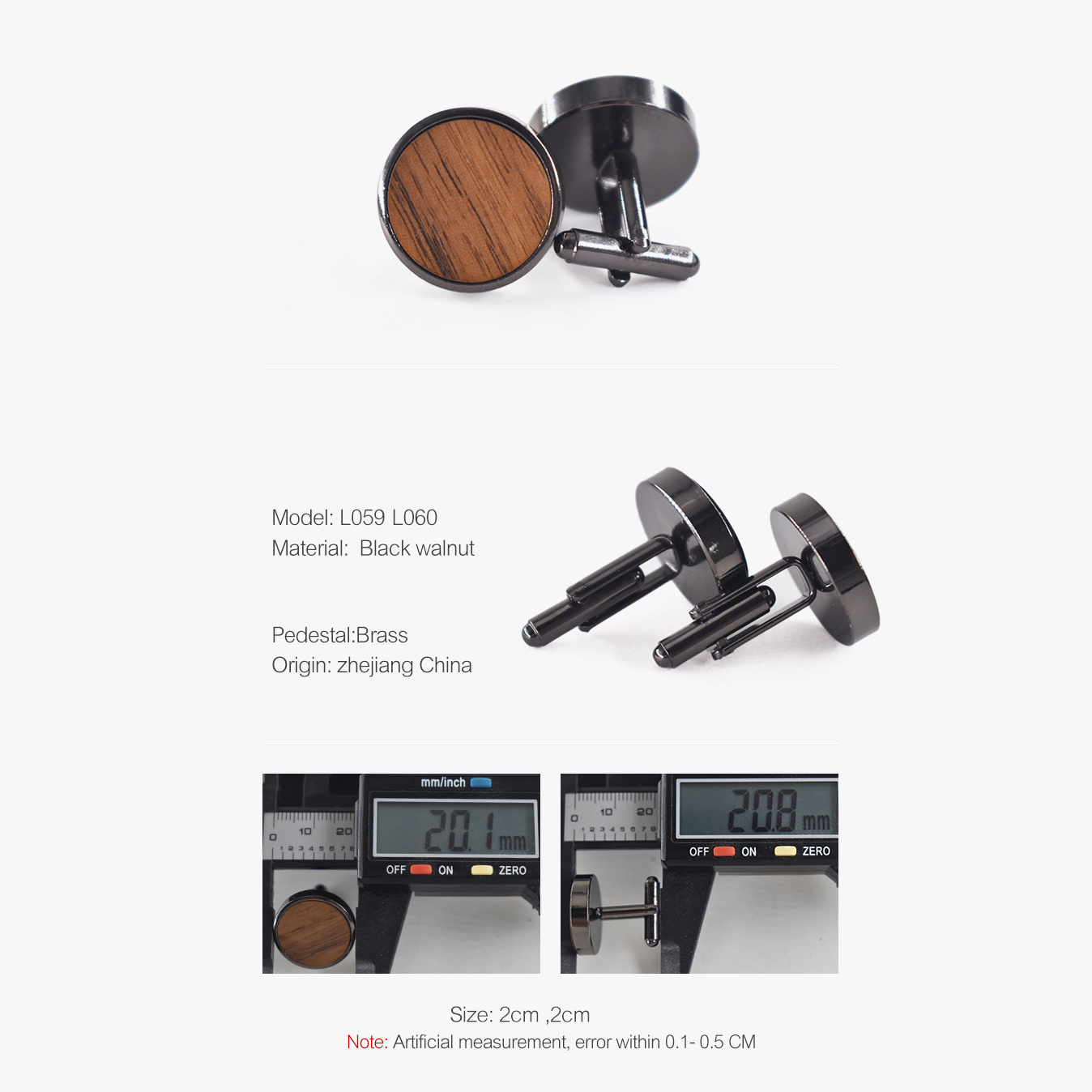 round Black Walnut Wood Fashion Cufflinks with Gift Box Elegant Tie Clips