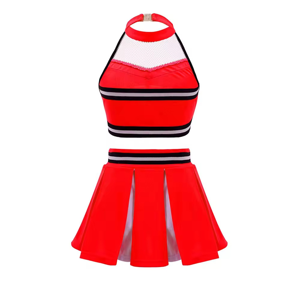 Red Color Cheerleader Uniforms Professional Dancing Wear Two Piece Sets Custom Fabric Dancing Suits For Adults