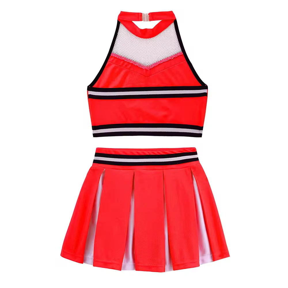 Red Color Cheerleader Uniforms Professional Dancing Wear Two Piece Sets Custom Fabric Dancing Suits For Adults