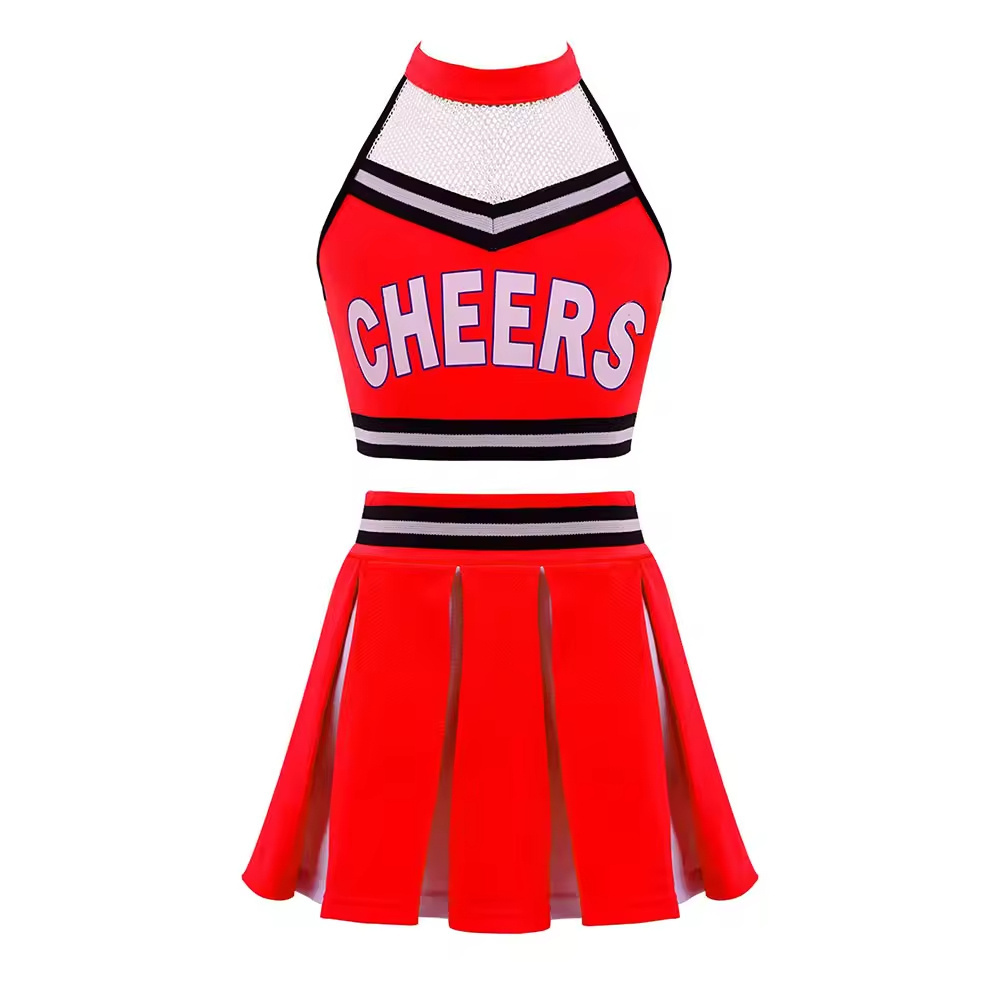 Red Color Cheerleader Uniforms Professional Dancing Wear Two Piece Sets Custom Fabric Dancing Suits For Adults