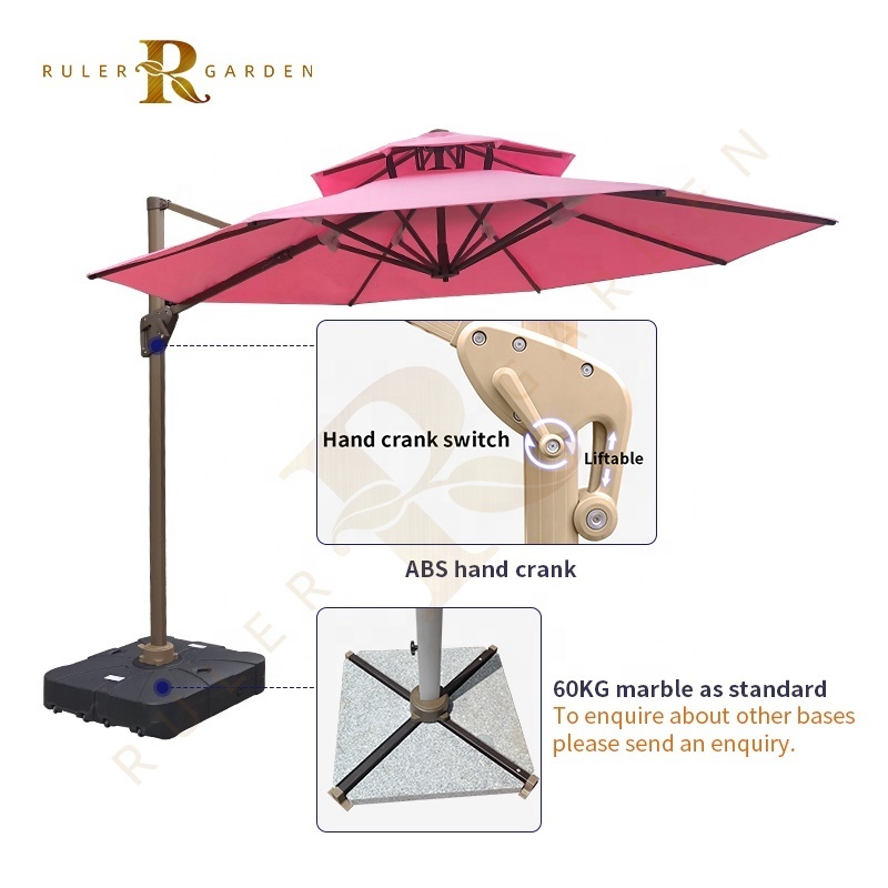 RULER Outdoor Cantilever Patio 360 Degree Rotating System Garden Waterproof Umbrellas Roman Cafe Parasols Solar Light Umbrella