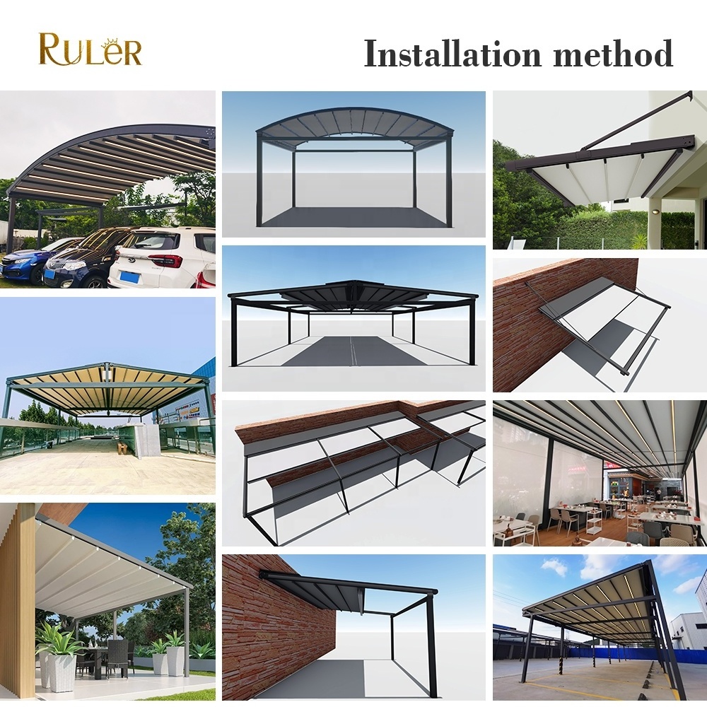 Outdoor curved PVC motorized awning with Led lights waterproof aluminium curved retractable roof pergola