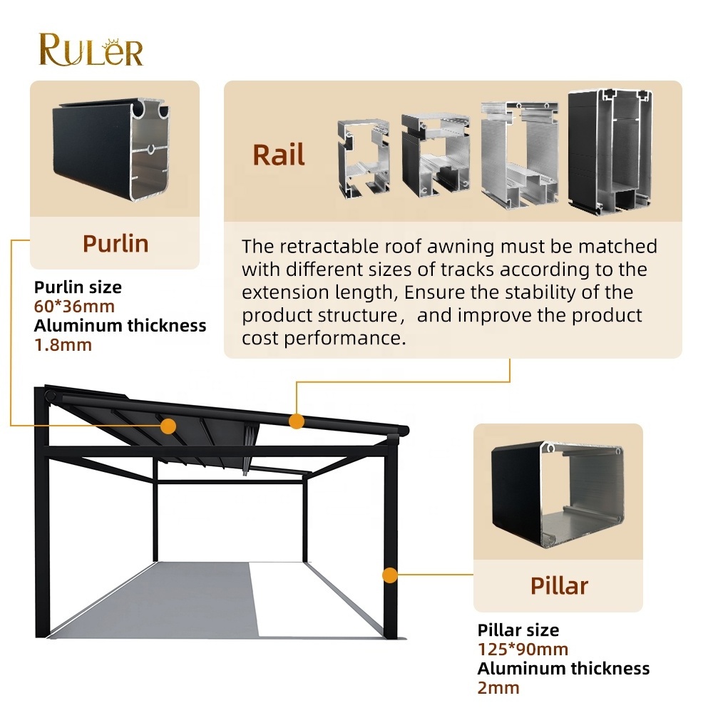 Commerical PVC Canopy Motorized Aluminum Pergola Waterproof Retractable Roof Awning