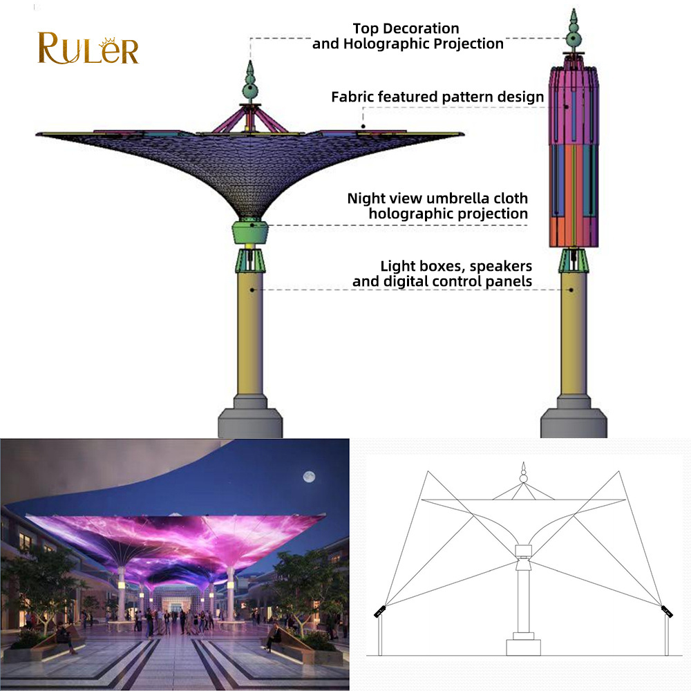 Custom Size Outdoor Garden Tulip Umbrella with Led Strip Light Electric Folding Canopy