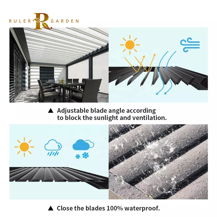 Opening and closing electric garden motorized waterproof roof system bioclimatique louvered outdoor aluminum pergola veranda