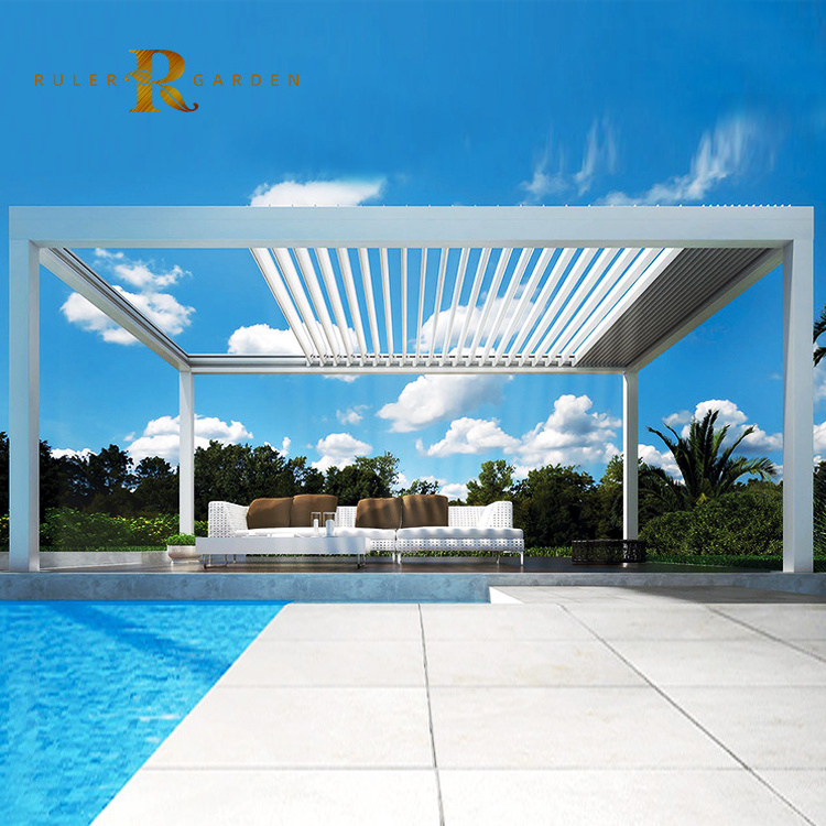 Motorized retractable bioclimatic pergola outdoor shading canopy aluminum opening and closing skylight louvered roof pergolas