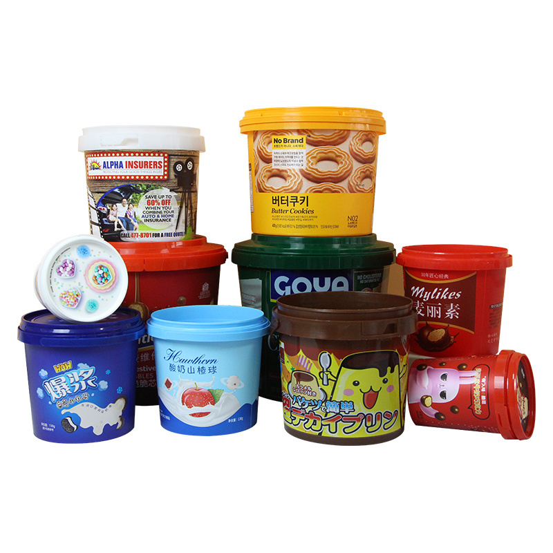 Custom Label Cookies Ice Cream Leak Proof Plastic Bucket 380ml 1L 2L 1Gallon Food Grade Container With Lid