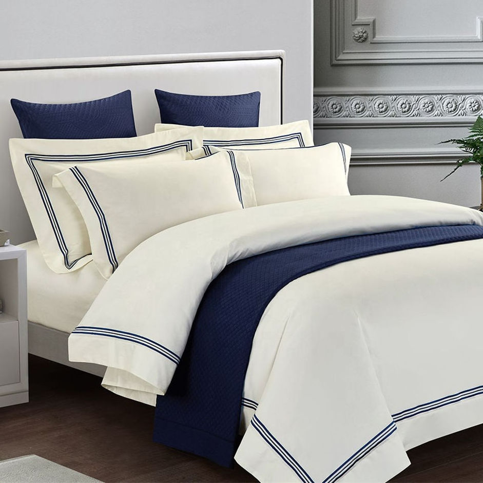 Custom Wholesale Embroidered Hotel Linens 100% Cotton Duvet Cover and Flat Sheet Set Satin Pattern Bedding