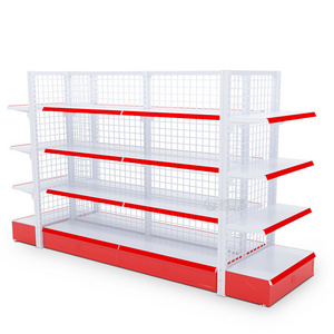 customized wall shelf wire stand Shelving for Grocery store white and red color light duty with back mesh mini shop shelf