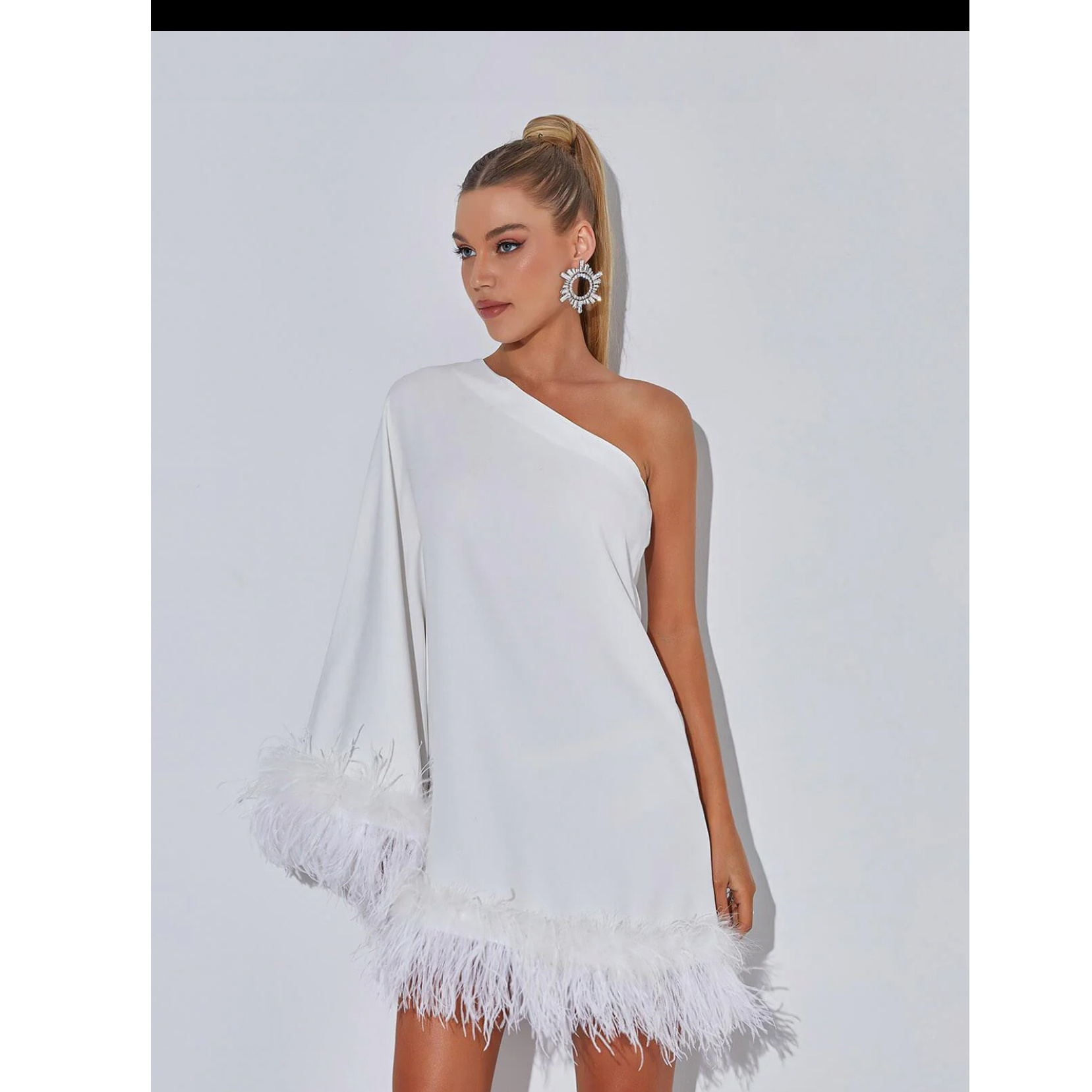 Cost-effective OEM/ODM  designer long sleeve fishnet ostrich feather trimmed mini dress dress party sexy 2023