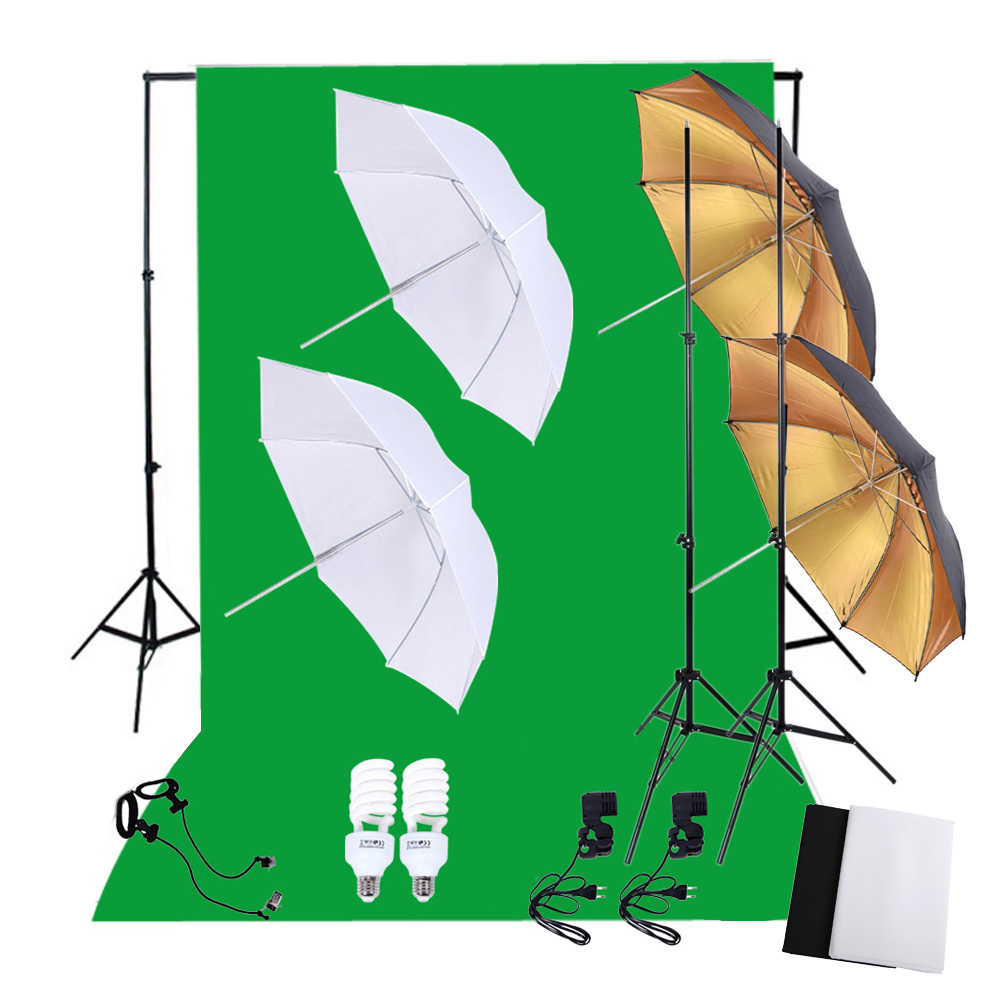 Photography Photo Studio Kit 2 * 3m Backdrop Stand 1.6*3 m Green Screen Backdrop Light Bulbs sockets Soft Umbrella