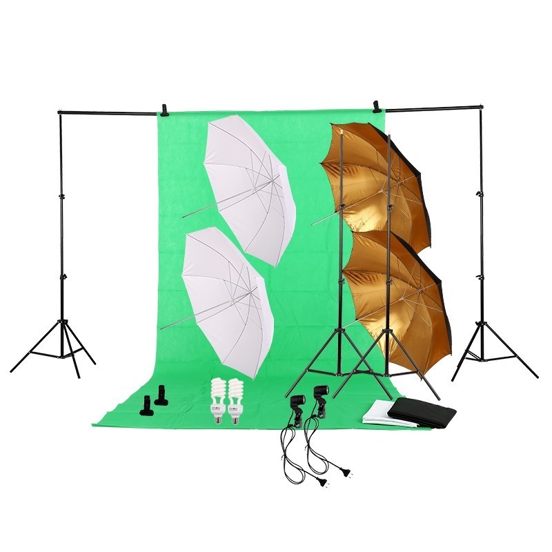 Photography Photo Studio Kit 2 * 3m Backdrop Stand 1.6*3 m Green Screen Backdrop Light Bulbs sockets Soft Umbrella