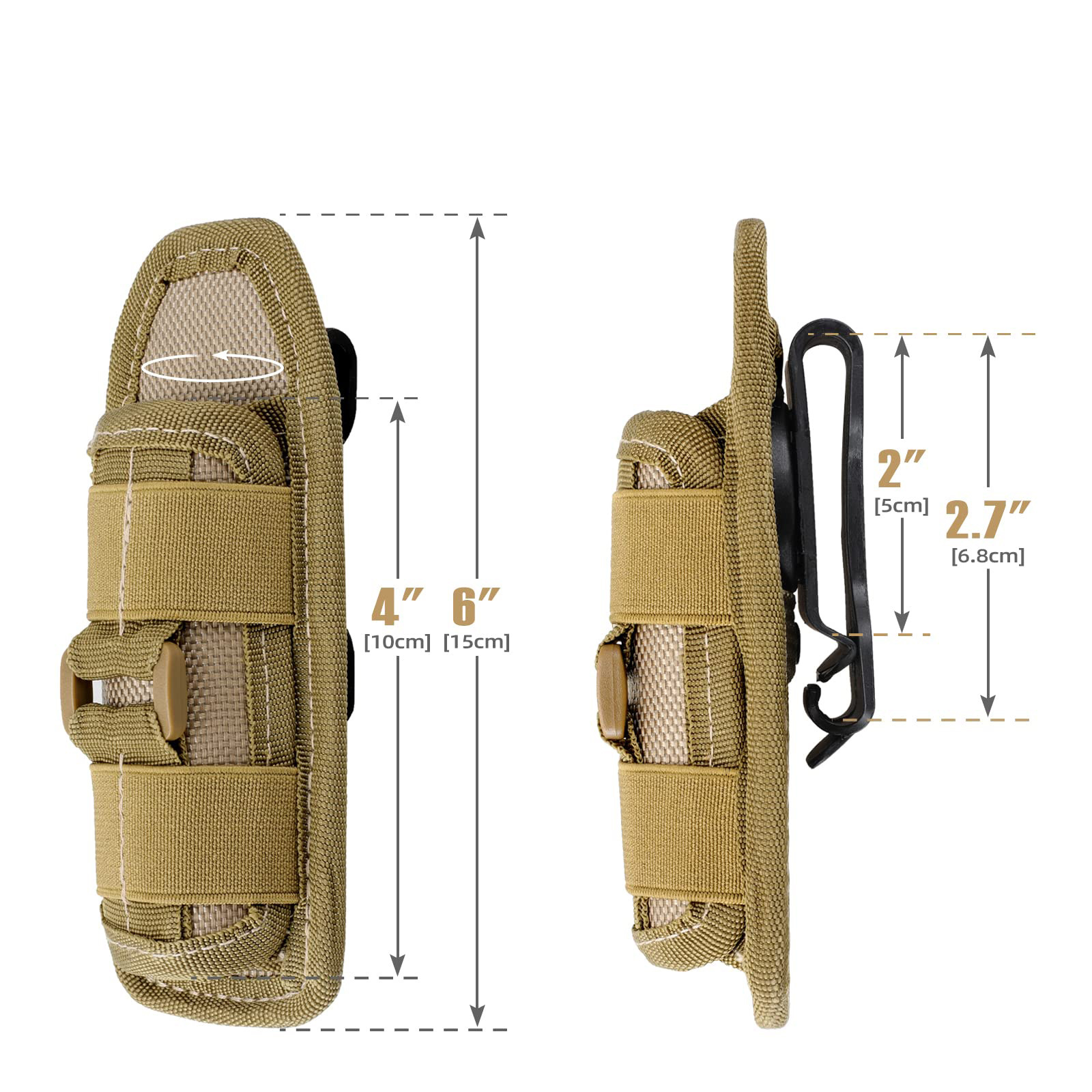 Tactical Flashlight Pouch Holster, Rotatable Flashlight Holder Belt Clip Tactical Torch Carry Case with 360 Degree Carabi