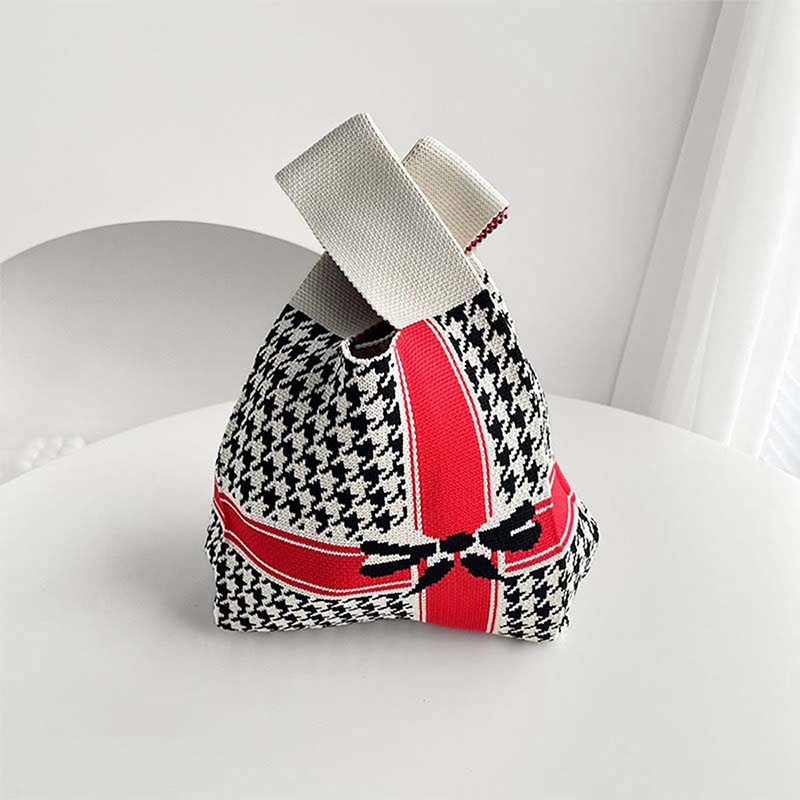 2024 Knitting Fabric foldable tote bag striped printing shopping bag portable handbag for women