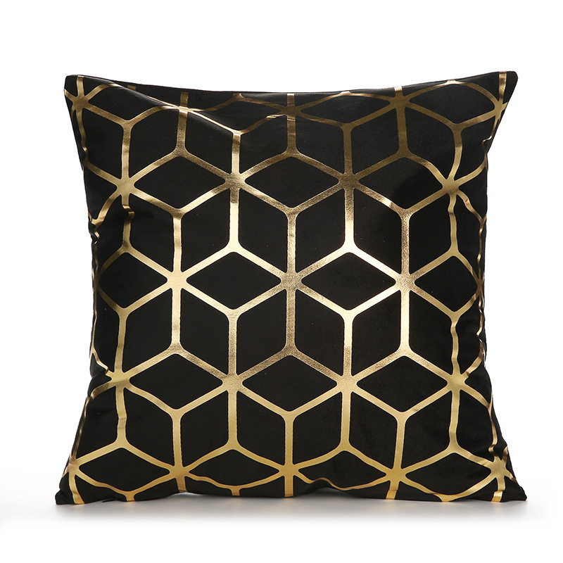 Decorative Hot Gold Stamping Printed Pillow Cushion Cover Super Soft Velvet luxury black Geometric hotel pillow cover