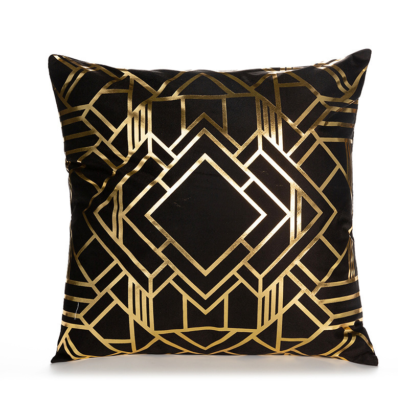 Decorative Hot Gold Stamping Printed Pillow Cushion Cover Super Soft Velvet luxury black Geometric hotel pillow cover