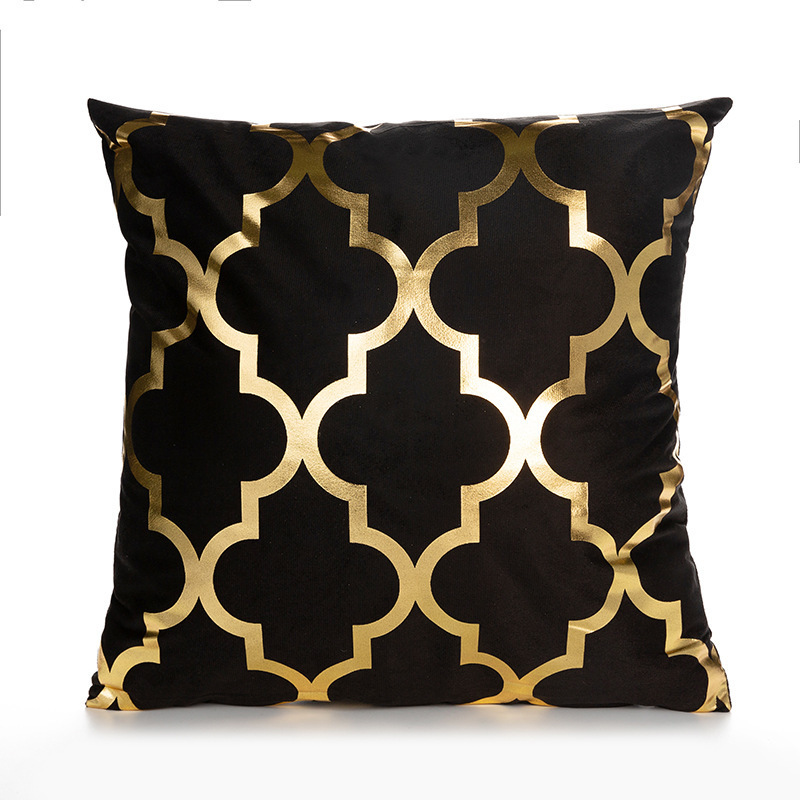 Decorative Hot Gold Stamping Printed Pillow Cushion Cover Super Soft Velvet luxury black Geometric hotel pillow cover