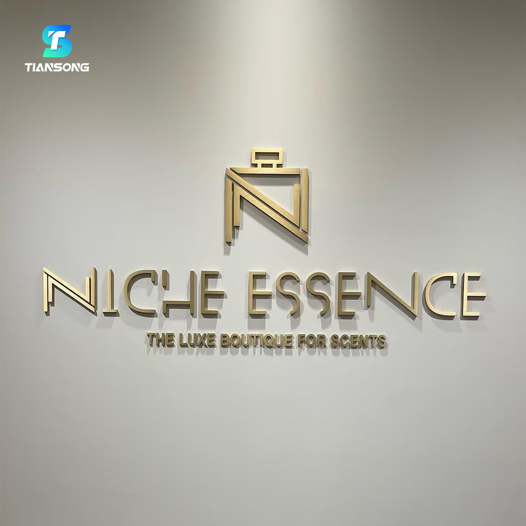 3D Acrylic Signage Custom Stainless Steel Brushed Gold Letters For Store Company Wall Logo Sign