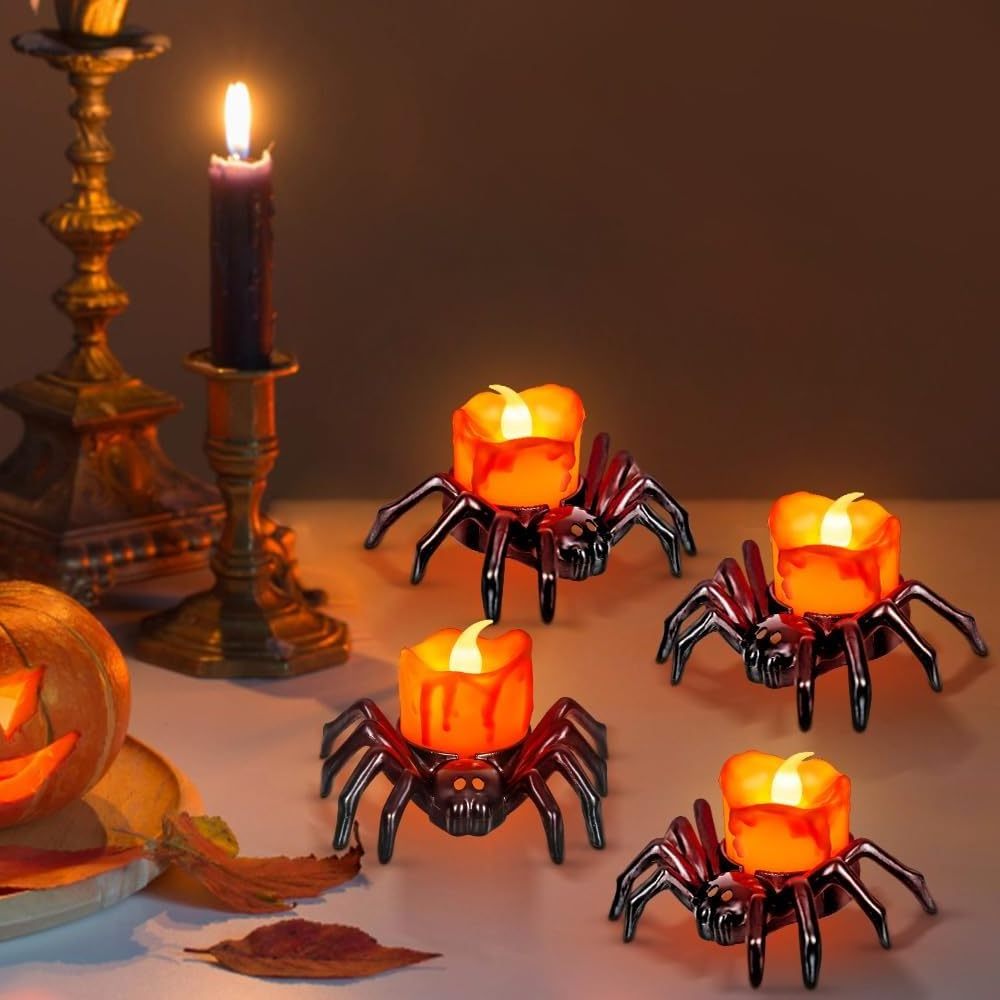 Halloween Battery Operated Spider Tea lights Spooky Electric Flickering Fake Flameless Tea Lights LED Candles for Decorations