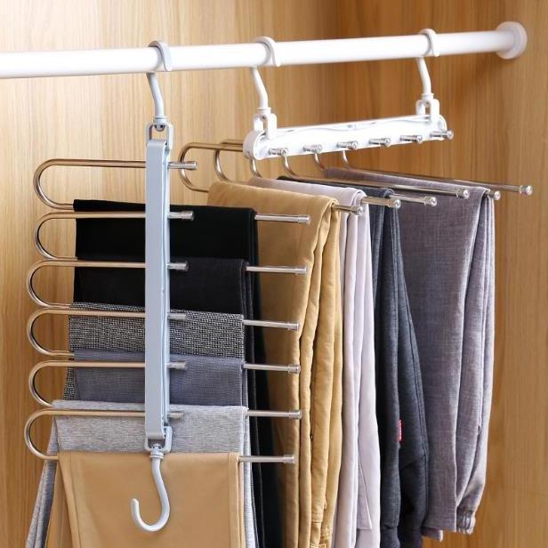 Multi functional folding pants rack Household clothes hanger Pants hook rack Multi layer magic storage rack