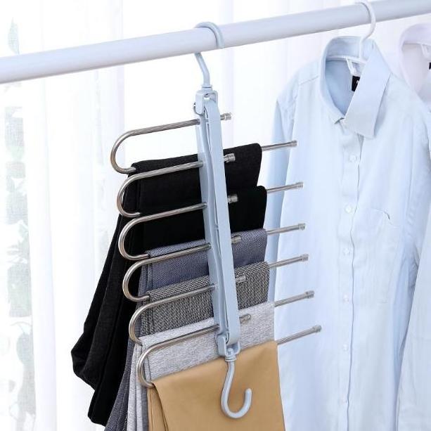 Multi functional folding pants rack Household clothes hanger Pants hook rack Multi layer magic storage rack