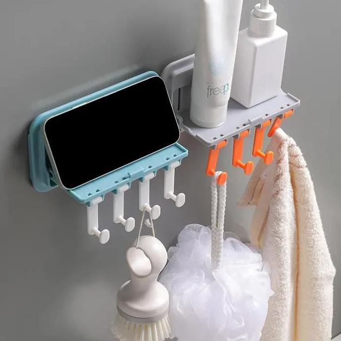 Wall Mounted Bathroom Folding Shelf Phone Holder With Hook Storage Rack Key Chain Wall Storage Rack