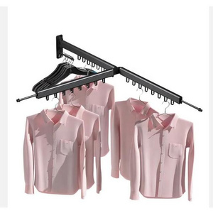 Folding Wall Mounted Retractable Wall Mounted Hanger With Shelf Balcony Metal Laundry Rack Hanger Hanger