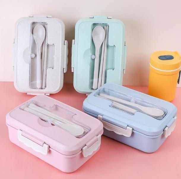 Biodegradable 3 Compartment Portable Wheat Straw Bento Lunch Box with Stainless Steel Cutlery Set Kids Food Storage