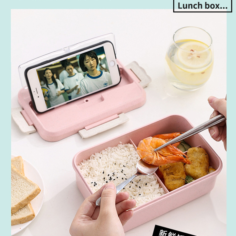 Biodegradable 3 Compartment Portable Wheat Straw Bento Lunch Box with Stainless Steel Cutlery Set Kids Food Storage