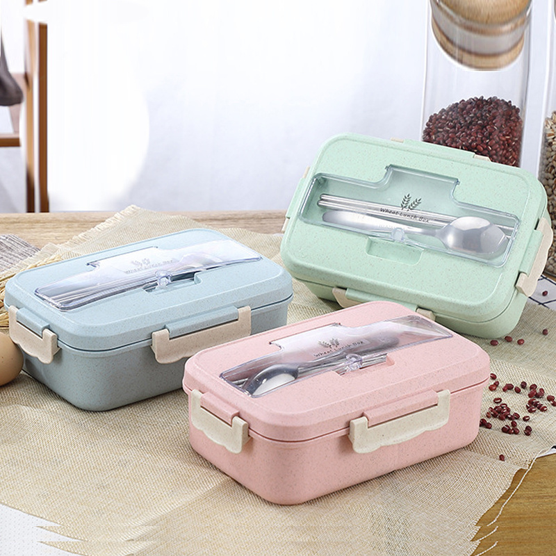 Biodegradable 3 Compartment Portable Wheat Straw Bento Lunch Box with Stainless Steel Cutlery Set Kids Food Storage