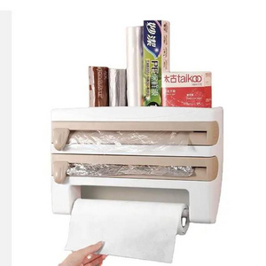 Factory Outlet Multi-function Kitchen Foil Paper Adhesive Tape Garbage Bag Plastic Wrap Holder Adjustable Storage Cutting Rack